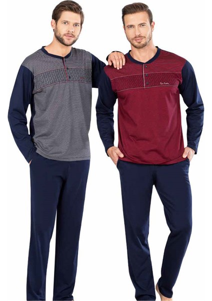 5468 Uzun Kollu Jakarlı Erkek Pijama Takımı-Bordo