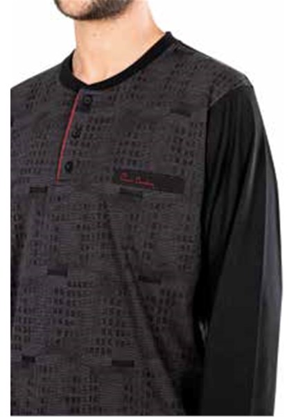 5470 Uzun Kollu Jakarlı Erkek Pijama Takımı-Siyah