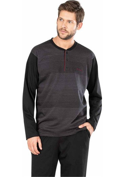 5464 Uzun Kollu Jakarlı Erkek Pijama Takımı-Siyah