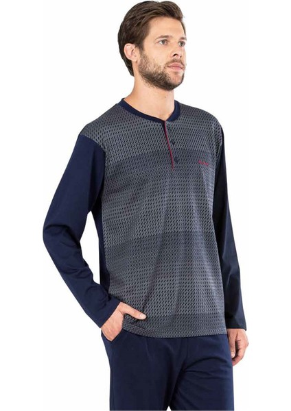 5464 Uzun Kollu Jakarlı Erkek Pijama Takımı-Lacivert