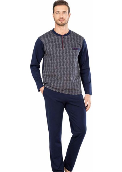 5465 Uzun Kollu Jakarlı Erkek Pijama Takımı-Lacivert