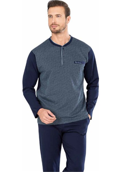 5467 Uzun Kollu Jakarlı Erkek Pijama Takımı-Lacivert