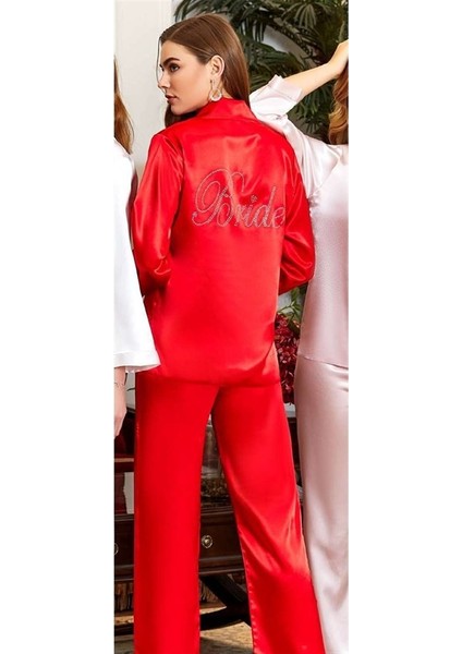6523 Çeyizlik Ipek Saten Bride Pijama Takımı - Kırmızı