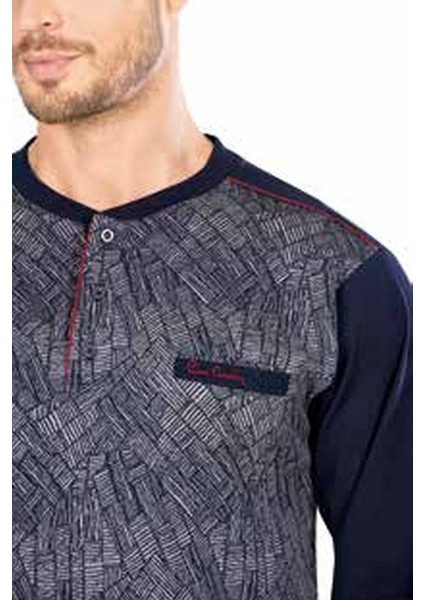 5466 Uzun Kollu Jakarlı Erkek Pijama Takımı-Lacivert
