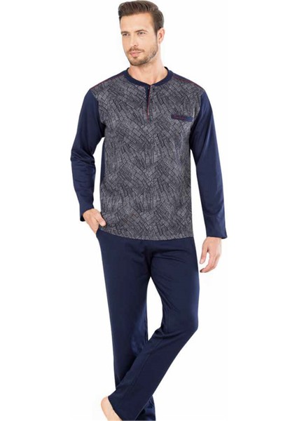 5466 Uzun Kollu Jakarlı Erkek Pijama Takımı-Lacivert