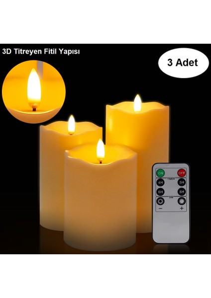 Alevsiz Titreyen LED Mum Büyük Boy 3lü Set Kumandalı