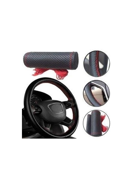 Renault Trafic Dikmeli Direksiyon Kılıfı Noktalı Siyah Deri ( Kırmızı Dikişli )