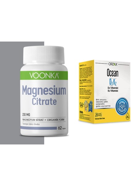 Magnezyum Sitrat 200 Mg 62 Tablet + D3 K2 Vitamini Damla 20 Ml
