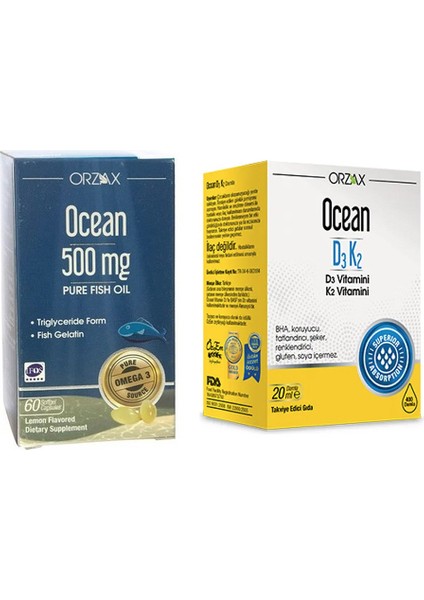Ocean Saf Balık Yağı 500 Mg 60 Kapsül + D3 K2 Vitamin Damla 20 Ml