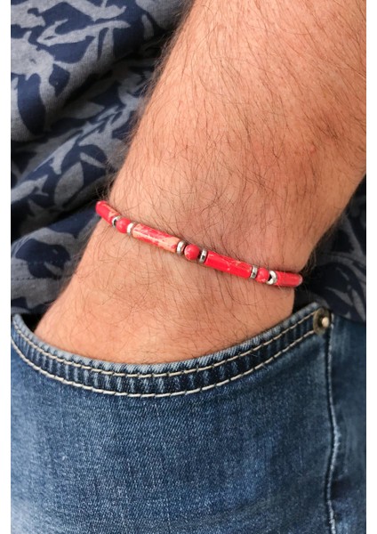 Silindir Varisit Doğal Taşlı Kırmızı Renk Ayarlanabilir Erkek Bileklik FRJ11264-1364-K