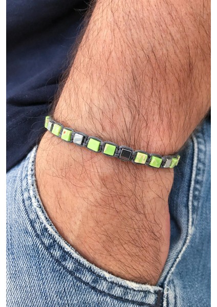 Varisit Taşlı Küp Kesim Yeşil Renkli Ayarlanabilir Erkek Bileklik FRJ11255-1355-Y