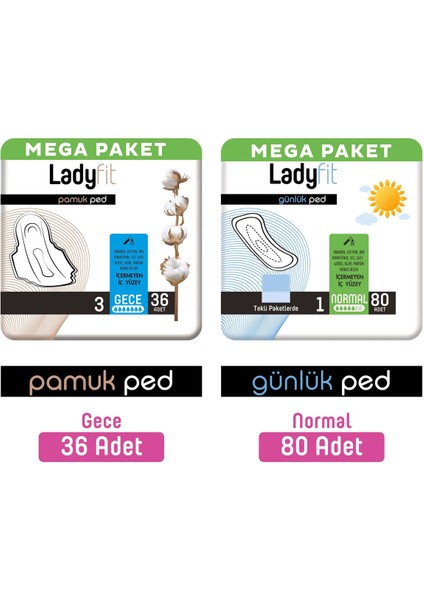 Pamuk Ped Mega Gece 36 Adet + Günlük Ped Mega Normal 80 Adet