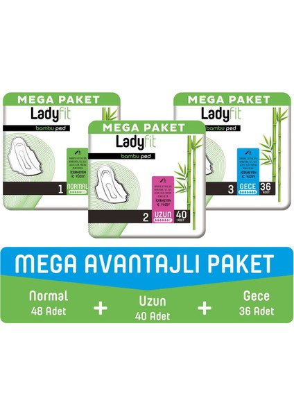 Bambu Ped Mega Avantajlı Paket (Normal 48 Adet + Uzun 40 Adet + Gece 36 Adet)
