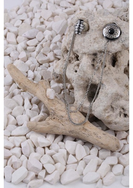 Füme Hematit Taşlı Zincirli Yaka Iğnesi