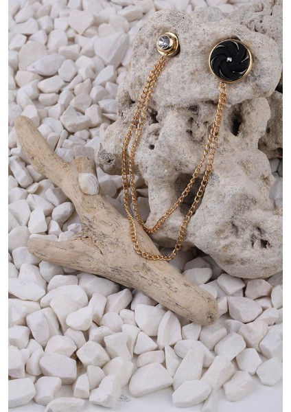 Altın Renk Hematit Taşlı Zincirli Yaka Iğnesi