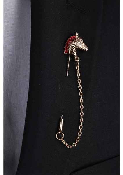 Altın Renk Kırmızı Taşlı At Motif Yaka Iğnesi