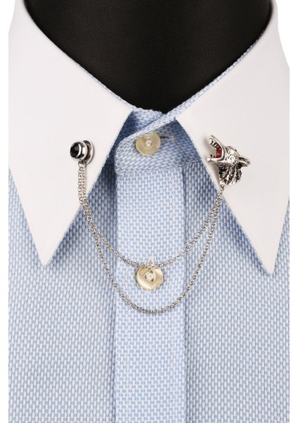 Gümüş Renk Kurt Motif Taşlı Zincirli Yaka Iğnesi