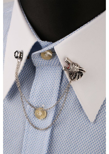 Gümüş Renk Kurt Motif Taşlı Zincirli Yaka Iğnesi fiyatları