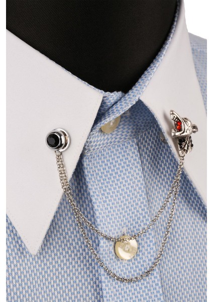 Gümüş Renk Kurt Motif Taşlı Zincirli Yaka Iğnesi modelleri