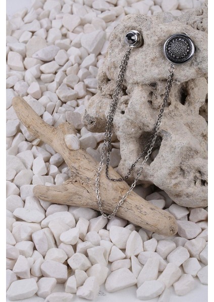 Gümüş Renk Füme Taşlı Ceket Yaka Iğnesi