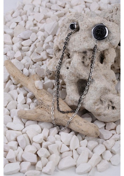 Gümüş Renk Siyah Taşlı Ceket Yaka Iğnesi