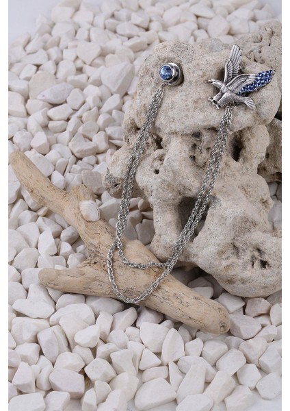 Gümüş Renk Mavi Taşlı Ceket Yaka Iğnesi