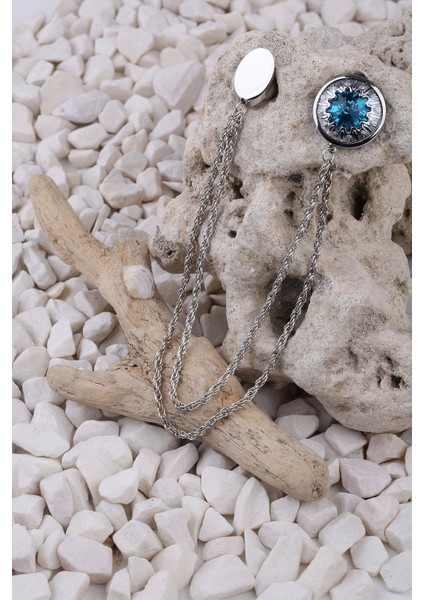 Okyanus Mavisi Kristal Taşlı Zincirli Yaka Iğnesi