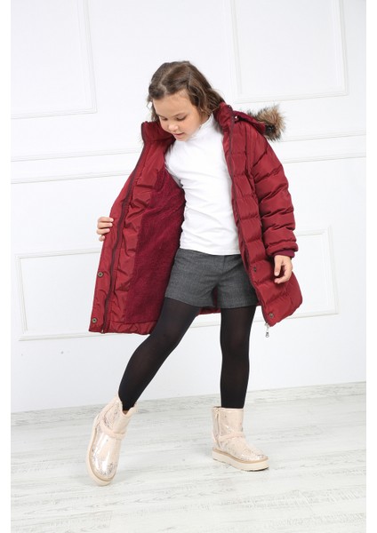 Bordo Kız Çocuk Peluşu Çıkarılabilir Kemerli Şişme Kaban Mont modelleri