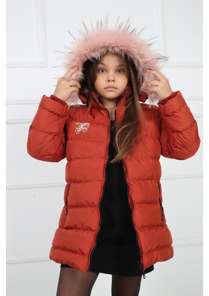 Kiremit Kız Çocuk Kelebek Desenli Peluşlu Kapüşonlu Şişme Kaban Mont