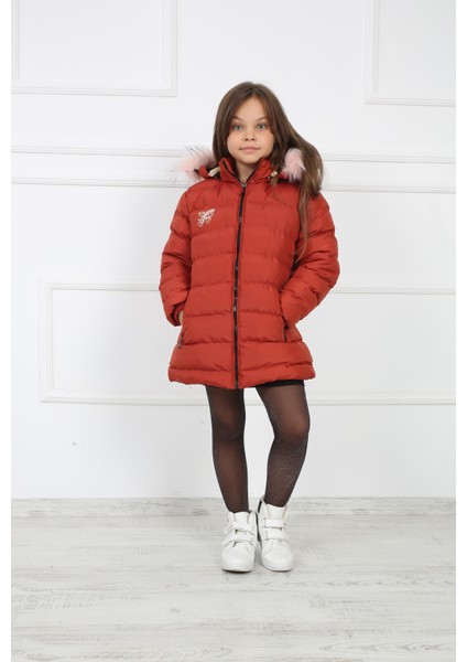 Kiremit Kız Çocuk Kelebek Desenli Peluşlu Kapüşonlu Şişme Kaban Mont fiyatları