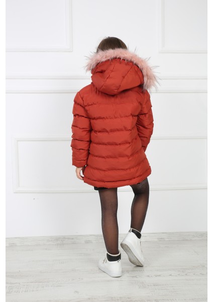 Kiremit Kız Çocuk Kelebek Desenli Peluşlu Kapüşonlu Şişme Kaban Mont indirimleri