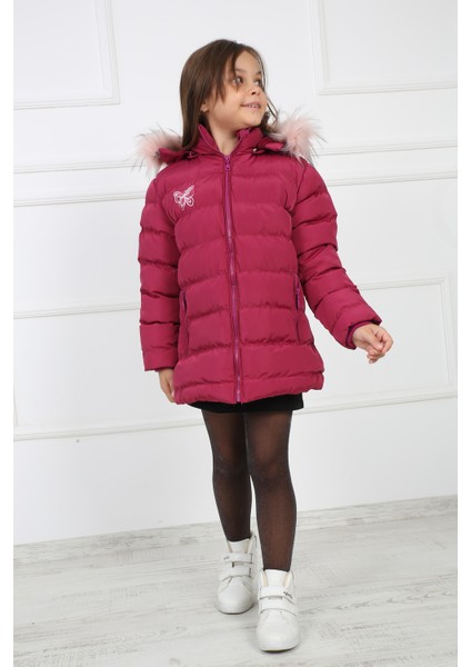Pembe Kız Çocuk Kelebek Desenli Peluşlu Kapüşonlu Şişme Kaban Mont modelleri