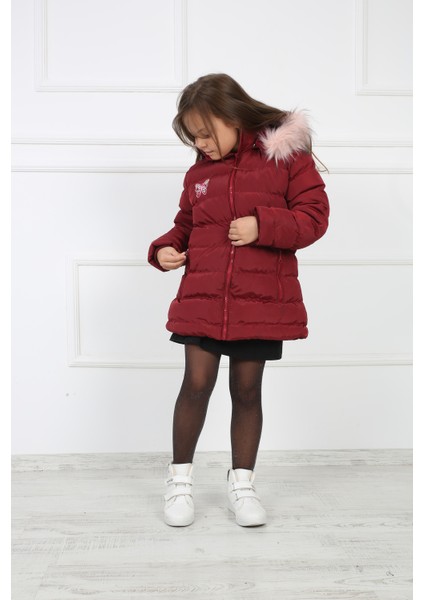 Bordo Kız Çocuk Kelebek Desenli Peluşlu Kapüşonlu Şişme Kaban Mont modelleri