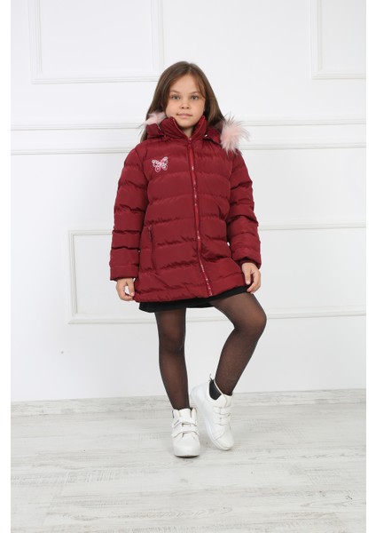 Bordo Kız Çocuk Kelebek Desenli Peluşlu Kapüşonlu Şişme Kaban Mont fırsatları