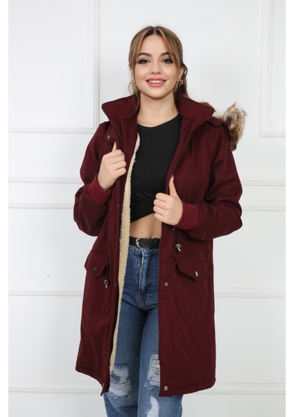 Bordo Kadın Peluşu Çıkarılabilir Gabardin Kumaş Kaban Mont indirimleri