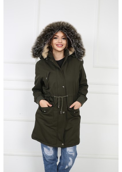 Haki Kadın Peluşu Çıkarılabilir Gabardin Kumaş Kaban Mont