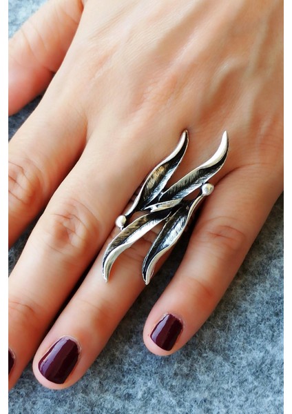 Antik Gümüş Kaplama Yapraklar Şekilli El Yapımı Ayarlanabilir Yüzük