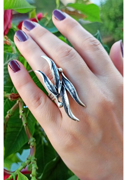 Antik Gümüş Kaplama Yapraklar Şekilli El Yapımı Ayarlanabilir Yüzük modelleri