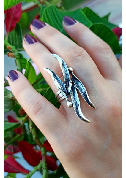 Antik Gümüş Kaplama Yapraklar Şekilli El Yapımı Ayarlanabilir Yüzük fırsatları
