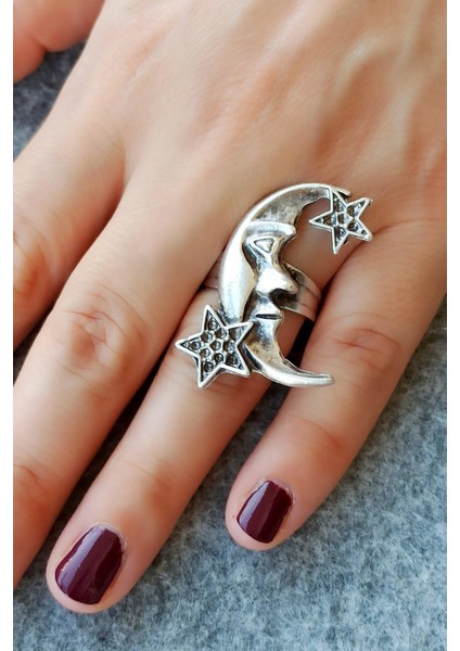 Antik Gümüş Kaplama Ay Yıldız Şekilli El Yapımı Ayarlanabilir Yüzük