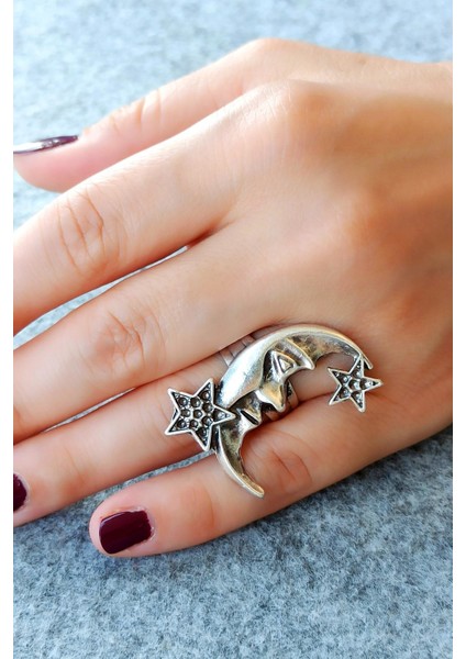 Antik Gümüş Kaplama Ay Yıldız Şekilli El Yapımı Ayarlanabilir Yüzük fiyatları