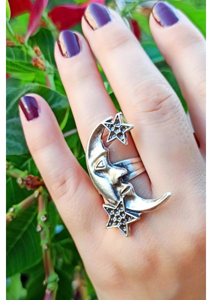 Antik Gümüş Kaplama Ay Yıldız Şekilli El Yapımı Ayarlanabilir Yüzük modelleri