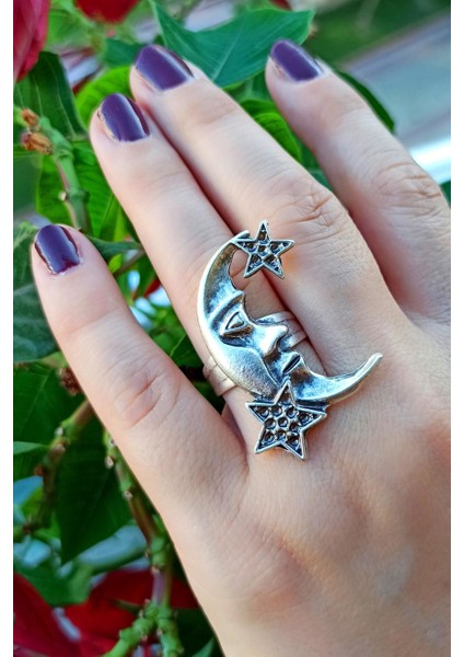 Antik Gümüş Kaplama Ay Yıldız Şekilli El Yapımı Ayarlanabilir Yüzük fırsatları