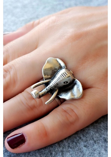 Antik Gümüş Kaplama Fil Şekilli El Yapımı Ayarlanabilir Yüzük