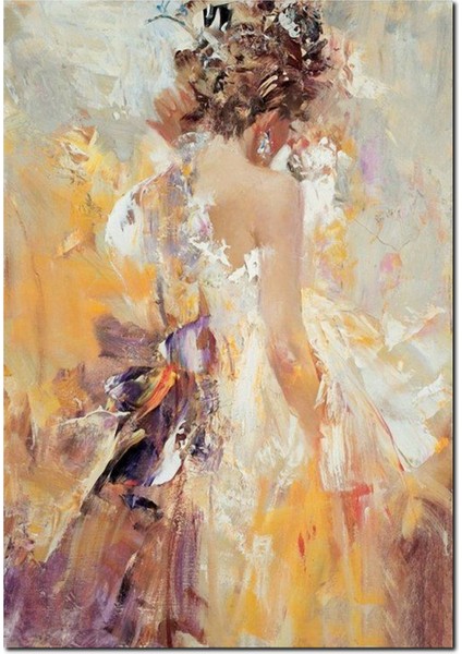 Cakatablo Ahşap Tablo Arkası Dönük Elbiseli Kadın Yağlıboya Fırça Darbeleri