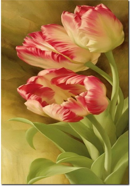 Cakatablo Ahşap Tablo Yeşil Yapraklı Kırmızı Beyaz Tulip Çiçekleri