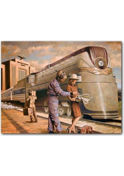 Cakatablo Ahşap Tablo Fütüristik Tren ve Eski Kıyafetli Yolcular
