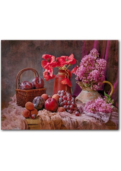 Cakatablo Ahşap Tablo Vazolarda Sümbül ve Gelincikler Sepette Taze Meyveler