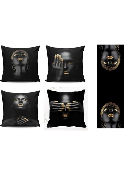 Afrikalı Kızlar 4lü Kombin Kırlent Kılıfı+Runner