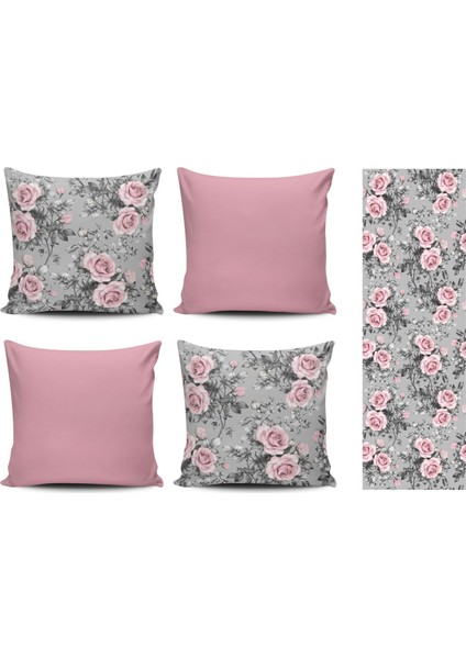 Pembe Güllü Desenli 4lü Kombin Kırlent Kılıfı+Runner